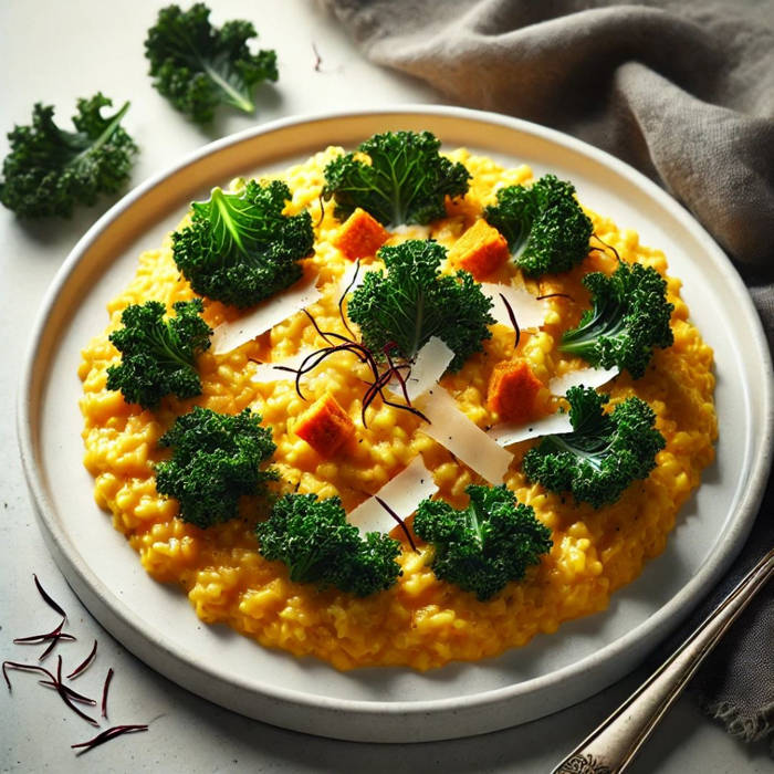 Risotto dorado con los crujientes chips de kale en un plato