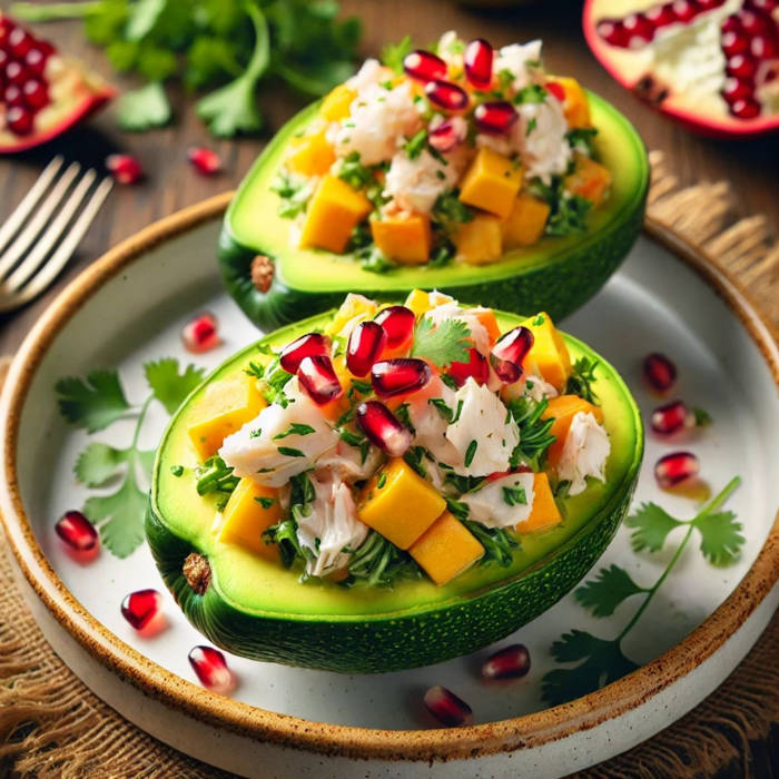 aguacates rellenos de ensalada navideña de cangrejo y mango, recetas navidad, aperitivos