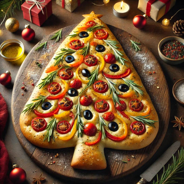 focaccia en forma de árbol de Navidad, decorada con tomates cherry, aceitunas, pimientos y romero, recetas navidad, aperitivos