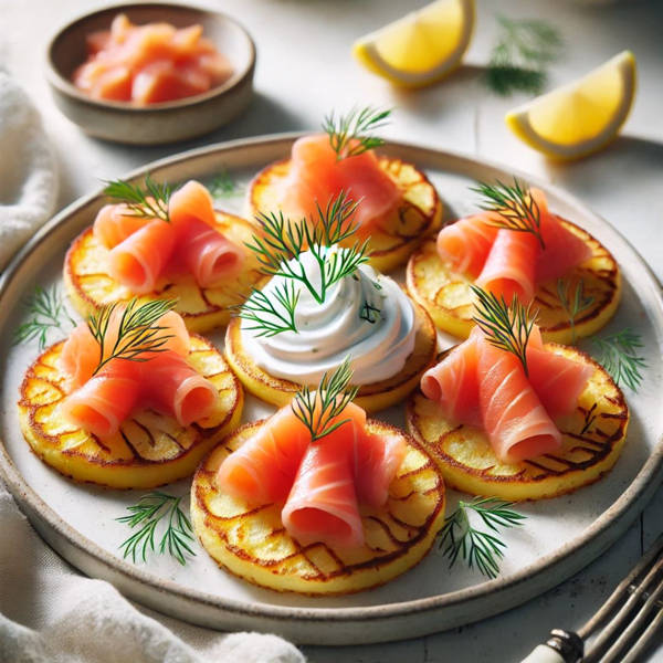 blinis de papa con salmón ahumado y crema de eneldo, recetas navidad, aperitivos