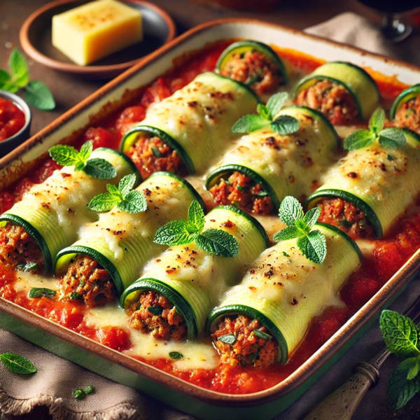 canelones de calabacín rellenos de cordero y menta, recetas navidad, aperitivos