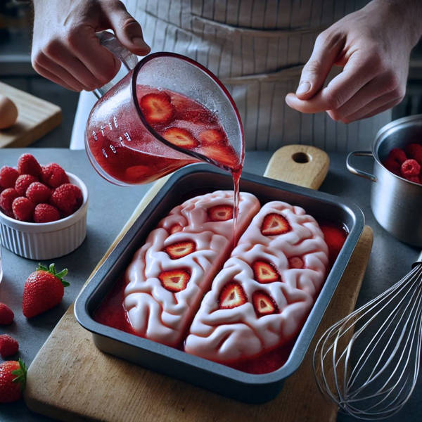 preparación del Cerebro de Gelatina con Frutas, donde se está vertiendo la mezcla de gelatina con fresas y frambuesas en el molde en forma de cerebro.