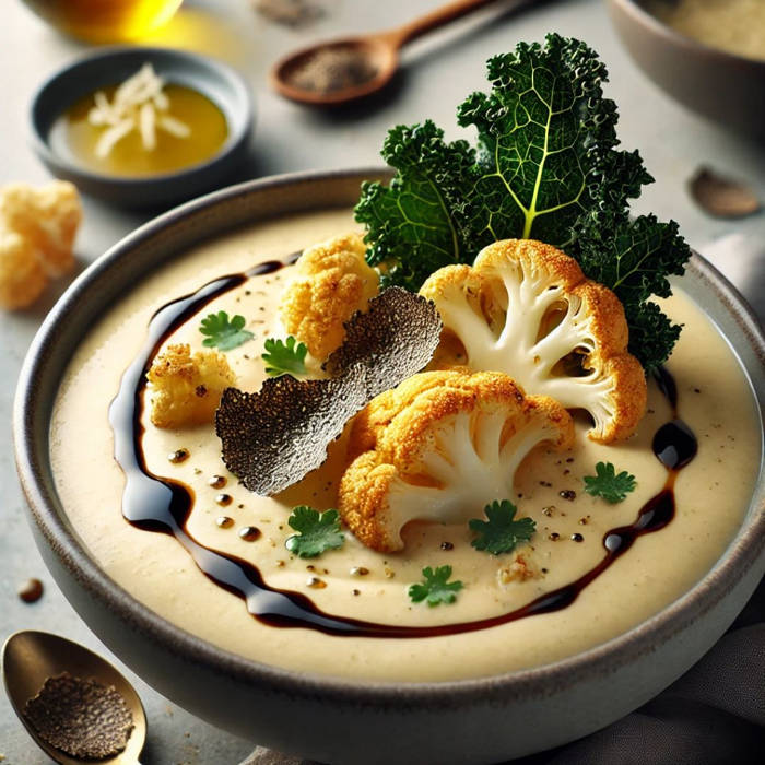 crema de coliflor asada con chips de kale y un toque de aceite de trufa, receta, otoño