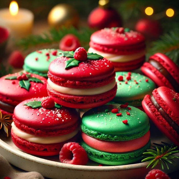 macarons navideños con el toque de menta y cacao, rellenos de ganache de frambuesa, en rojo y verde, recetas navidad, 