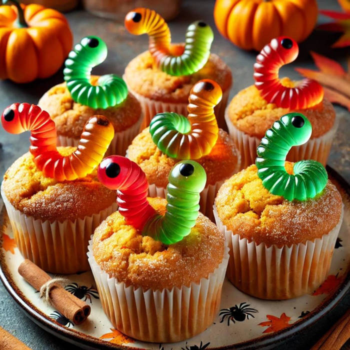 muffins de calabaza con "gusanos" comestibles,