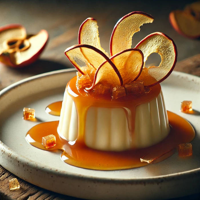 Panna Cotta de Manzana y Caramelo Salado presentada de manera elegante