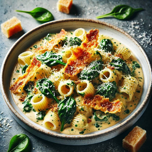 pasta con crema de castañas y espinacas con parmesano crujiente