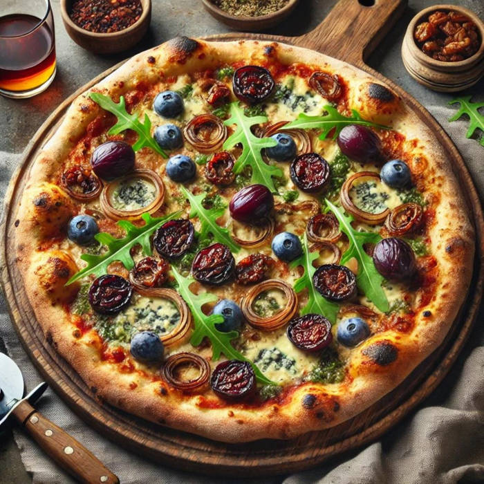 pizza con base de harina de castaña, queso azul, cebolla caramelizada, uvas asadas y rúcula fresca