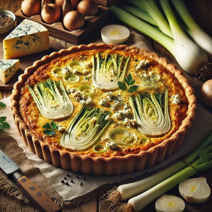 quiche de hinojo, puerro y queso azul, recetas otoño