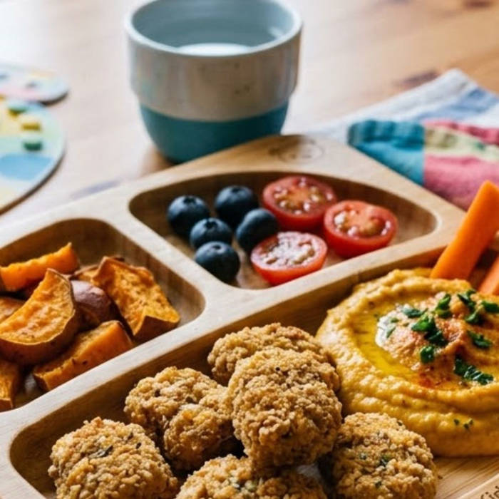 Recetas de calabaza para niños Nuggets y hummus de calabaza servidos en un plato infantil
