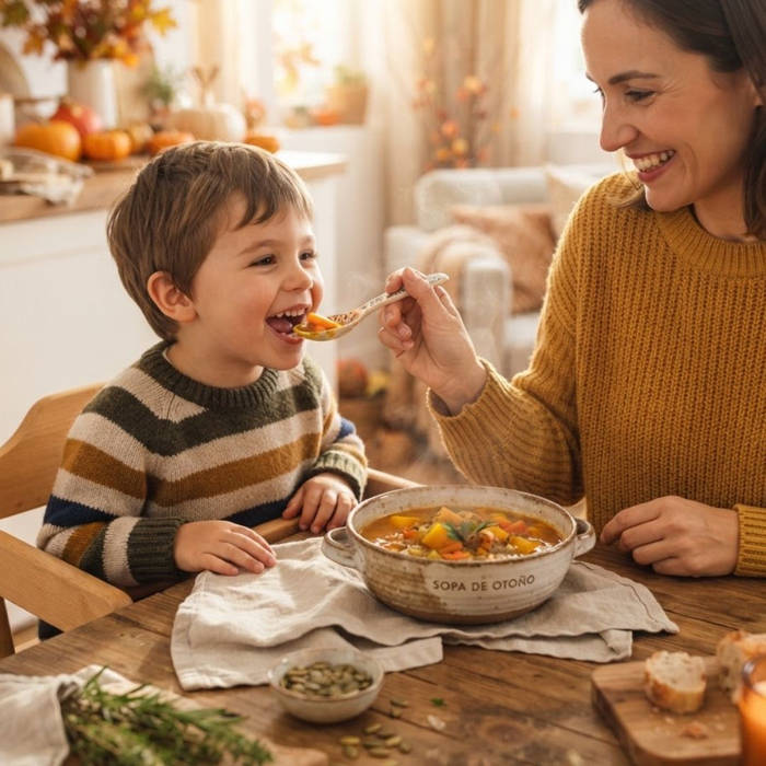 Recetas de cuchara otoñales para niños Madre dando una sopa de otoño nutritiva a su hijo en casa con calabazas de fondo