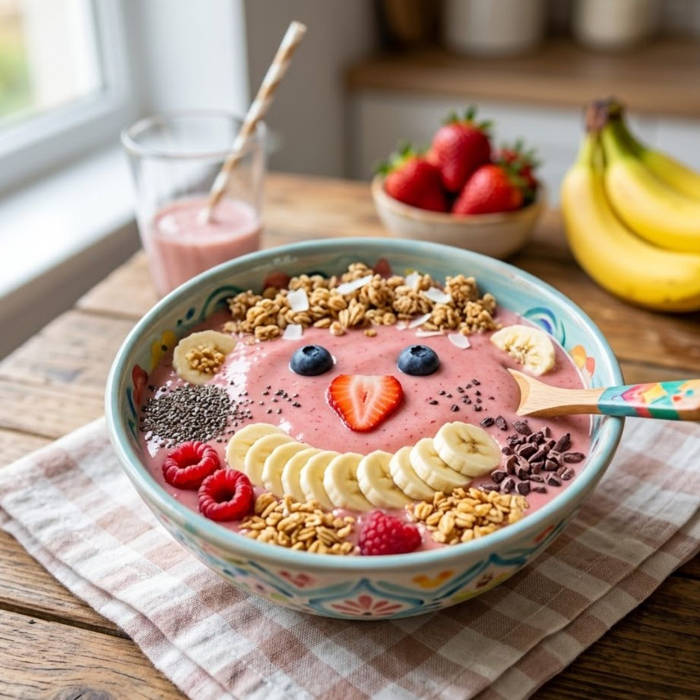 Smoothie Bowl para Niños: 5 Recetas Rápidas, Nutritivas y Aptas para Intolerancias smoothie bowl de fresa y plátano para niños