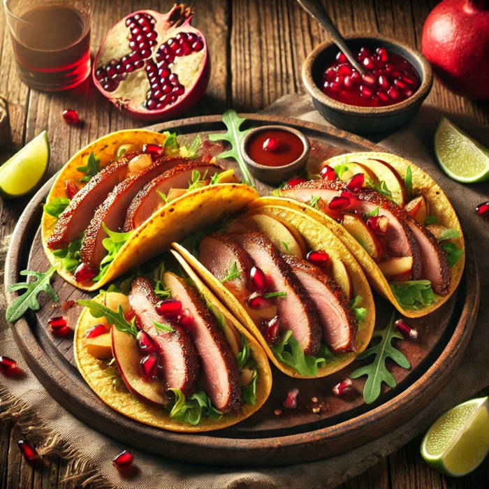 Tacos rellenos de Pato con Salsa de Granada y Manzana