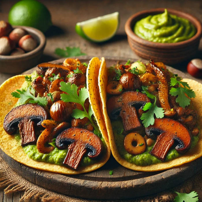 tacos de tortilla de maíz rellenos de setas con puré de castañas y acompañados de salsa de aguacate, recetas otoño