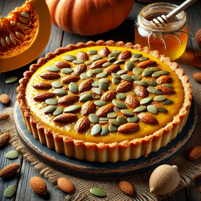 tarta de calabaza con base de almendras Decora con semillas de calabaza y almendras