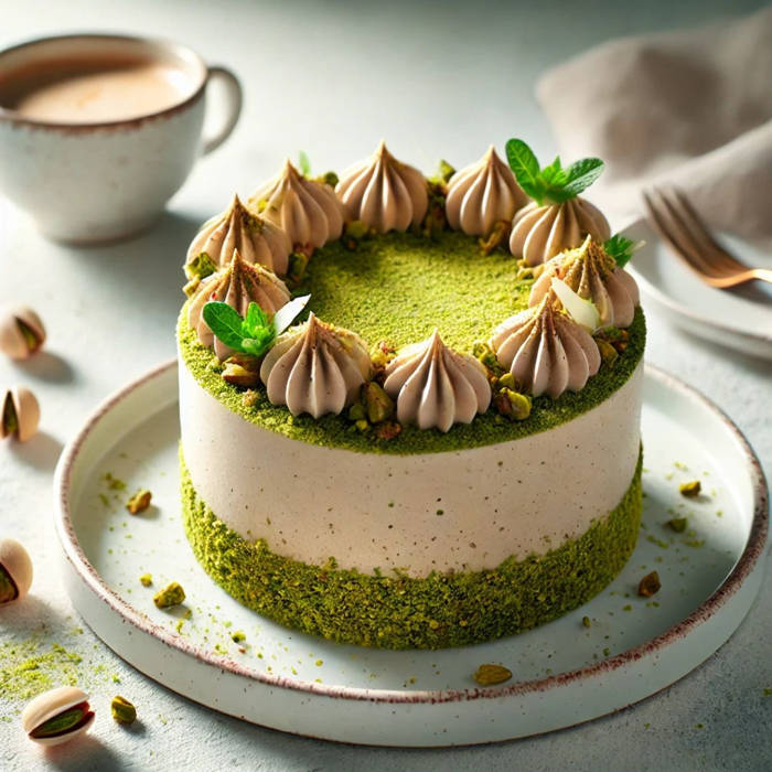 tarta mousse de mazapán y café con base de pistacho, recetas navidad, 