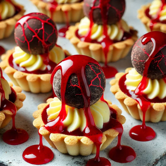 mini tartaletas rellenas de crema de limón, decoradas con un bombón de chocolate redondo y gelatina roja en forma de venas y sangre chorreante