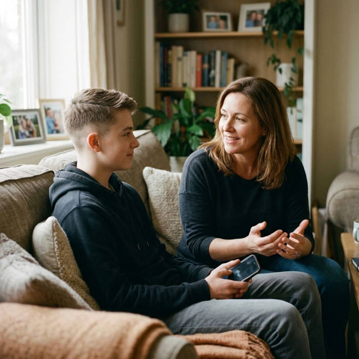 Guía práctica: Cómo hablar de redes sociales con tu hijo adolescente sin conflictos Madre hablando con su hijo adolescente sobre redes sociales