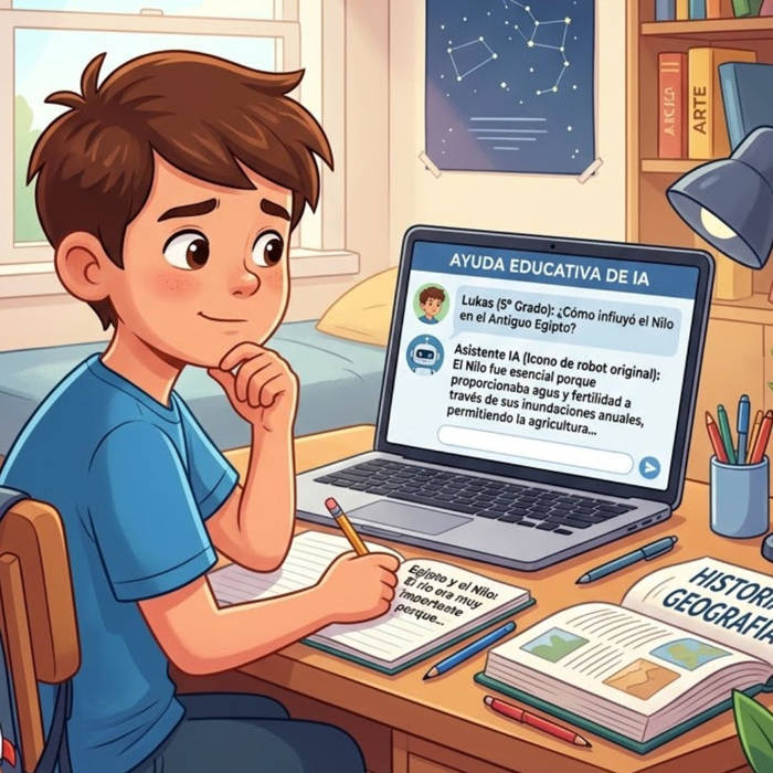 IA en el aula: ¿Es bueno que tu hijo use ChatGPT para los deberes? Niño utilizando ChatGPT para estudiar en casa