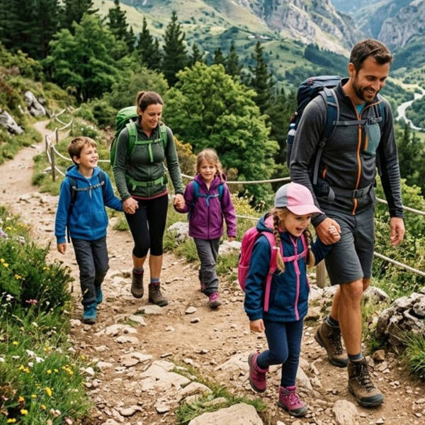 Plan de fin de semana con niños: 5 rutas de senderismo fácil para familias en España familia haciendo senderismo con niños en montaña